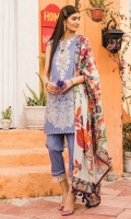 Printed Lawn Shirt 2.94 Meter Printed Lawn Dupatta 2.55 Meter Dyed Cambric Trouser 2.50 Meter Embroidered Neck Line 1