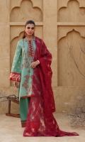 Embroidered Lawn Shirt Front 1.14 Mtr Yarn Dyed Poly Jacquard Back & Sleeves 1.78 Mtr  Dyed Brosha Net Dupatta 2.54 Mtr  Dyed Cambric Trouser 2.50 Mtr Printed Trim For Shirt 2 pcs Embroidered Sleeve Patti 26'' Embroidered Hem Border 26''