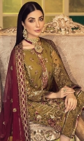 Embroidered Chiffon Front Mid Side: 13 Inches Embroidered Chiffon Front Right Side Panel: 13 Inches Embroidered Chiffon Front Left Side Panel: 13 Inches Embroidered Organza Front Border: 1 Yard Embroidered Chiffon Back: 1 Yard Embroidered Organza Back Border: 1 Yard Embroidered Chiffon Dupatta: 2.5 Yard Embroidered Chiffon Sleeves: 0.75 Yard Embroidered Chiffon Sleeves Border: 1 Yard Jamawar Trouser: 2.5 Yards