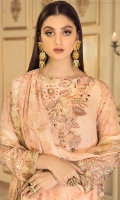 Embroidered Chiffon Front: 1 Yard Embroidered Organza Front Border: 1 Yard Embroidered Chiffon Back: 1 Yard Embroidered Organza Back Border: 1 Yard Embellished Organza Front Neck Patch: 1 Piece Embellished Organza Back Neck Patch: 1 Piece Embroidered Chiffon Dupatta: 3 Yards Embroidered Chiffon Sleeves: 0.75 Yard Embroidered Chiffon Sleeves Border: 1 Yard Raw Silk Trouser: 2.5 Yards