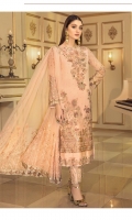Embroidered Chiffon Front: 1 Yard Embroidered Organza Front Border: 1 Yard Embroidered Chiffon Back: 1 Yard Embroidered Organza Back Border: 1 Yard Embellished Organza Front Neck Patch: 1 Piece Embellished Organza Back Neck Patch: 1 Piece Embroidered Chiffon Dupatta: 3 Yards Embroidered Chiffon Sleeves: 0.75 Yard Embroidered Chiffon Sleeves Border: 1 Yard Raw Silk Trouser: 2.5 Yards