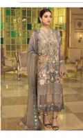 Embroidered Chiffon Front: 1 Yard Embroidered Organza Front Border: 1 Yard Embroidered Chiffon Back: 1 Yard Embroidered Organza Back Border: 1 Yard Embroidered Chiffon Dupatta: 2.5 Yard Embroidered Chiffon Sleeves: 0.75 Yard Embroidered Organza Sleeves Border: 1 Yard Raw Silk Trouser: 2.5 Yards