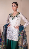 The shirt is made on bnaarsi kataan fabric. It has got beautiful hand embroidery on it  and dupatta is digital printed self net  with short silk dhaka pajama