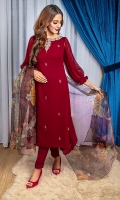 The shirt is made on Crinckle Chiffon Fabric. It has got  beautiful hand embroidery Pattern on it and dupatta is on Digital Printed zari with indian raw silk bottom