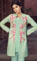 CAMBRIC 3 PC EMBROIDERED DRESS  FRONT OPEN KURTA WITH FULLY EMBROIDERED FRONT & SLEEVES  PLAIN SLIP  BELL SHAPED TROUSER WITH PEARL DETAILS