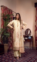 Embroidered digital printed shirt front on lawn 1.25 yard Embroidered digital printed shirt sleeve on lawn 0.70 yard Digital printed shirt back on lawn 1.25 yard Embroidered shirt front daman on organza 1 pcs Embroidered sleeve lace on organza 40 inch Embroidered shirt front and back lace on organza 60 inch Digital printed pure chiffon dupatta 2.75 yard Dyed cotton trouser 2.75 yard
