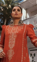 SHIRT:  Embroidered Cotail Front 1M  Dyed Cotail Back 1M  Embroidered Cotail Sleeves 1.25M  Embroidered Organza Borders 1M  DUPATTA:  Emb Rajju Net Dupatta 2.5M  With 4 Side Embroidered Shamose Border  TROUSER:  Dyed Cotail Trouser 2.5M