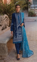 SHIRT:  Embroidered Cotail Front 1M  Dyed Cotail Back 1M  Dyed Cotail Sleeves 1M  Embroidered Cotail Sleeves Border 1M  Embroidered Cotail Front Border 1M  DUPATTA:  Embroidered Rajju Net Dupatta 2.5M  With 2 Side Embroidered Cotail Border  TROUSER:  Dyed Cotail Trouser 2.5M