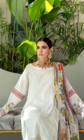 Shirt Embroidered Lawn Front 1.25 M  Printed Lawn Back 1.25 M  Printed Lawn Sleeves 0.75 M  2 Organza Borders  Dupatta Digital Printed Voil 2.5 M  Trouser White Cambric 2.5 M
