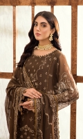 Embroidered Chiffon front panel  Embroidered Chiffon side panels (02)  Plain Chiffon back  Embroidered Chiffon sleeves  Embroidered chiffon Front & Back border  Embroidered Chiffon sleeves border  Embroidered Chiffon dupatta  Dyed silk trouser