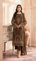 Embroidered Chiffon front panel  Embroidered Chiffon side panels (02)  Plain Chiffon back  Embroidered Chiffon sleeves  Embroidered chiffon Front & Back border  Embroidered Chiffon sleeves border  Embroidered Chiffon dupatta  Dyed silk trouser