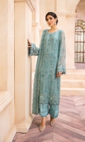 Embroidered Chiffon front panel  Embroidered Chiffon side panels (02)  Embroidered Chiffon back  Embroidered Chiffon sleeves  Embroidered Chiffon Front & Back border  Embroidered Chiffon sleeves border  Embroidered Chiffon dupatta  Dyed silk trouser
