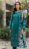 Embroidered Khaddar Front Panel Embroidered Side Panels 0.5 (02) Dyed Khaddar Back Embroidered Front and Back Border Embroidered Khaddar Sleeves Embroidered Khaddar Sleeves Border Digital Printed Cotton Net Shawl Dyed Khaddar Trouser
