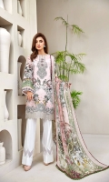 PRINTED LAWN SHIRT PRINTED LAWN BACK & SLEEVES PRINTED CHIFFON DUPATTA EMBROIDERED FRONT BORDER EMBROIDERED NECKLINE PATCH DYED ORGANZA DYED CAMBRIC LAWN TROUSER