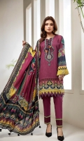 PRINTED LAWN SHIRT PRINTED LAWN BACK & SLEEVES PRINTED SILK DUPATTA EMBROIDERED NECKLINE PATCH EMBROIDERED TROUSER PATCH DYED CAMBRIC LAWN TROUSER