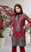 PRINTED LAWN SHIRT PRINTED LAWN BACK & SLEEVES PRINTED CHIFFON DUPATTA EMBROIDERED FRONT BORDER EMBROIDERED NECKLINE PATCH DYED CAMBRIC LAWN TROUSER