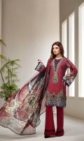 PRINTED LAWN SHIRT PRINTED LAWN BACK & SLEEVES PRINTED CHIFFON DUPATTA EMBROIDERED FRONT BORDER EMBROIDERED NECKLINE PATCH DYED CAMBRIC LAWN TROUSER