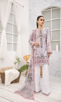 PRINTED LAWN FRONT PRINTED LAWN BACK & SLEEVES PRINTED CHIFFON DUPATTA EMBROIDERED NECKLINE PATCH EMBROIDERED CAMBRIC LAWN TROUSER