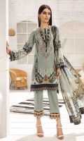 PRINTED LAWN FRONT PRINTED LAWN BACK & SLEEVES PRINTED SILK DUPATTA EMBROIDERED NECKLINE PATCH DYED CAMBRIC LAWN TROUSER