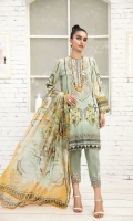 PRINTED LAWN FRONT PRINTED LAWN BACK & SLEEVES PRINTED CHIFFON DUPATTA EMBROIDERED NECKLINE PATCH EMBROIDERED TROUSER PATCH DYED CAMBRIC LAWN TROUSER