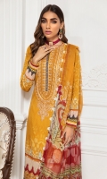 Digital Printed Lawn Front Digital Printed Back & Sleeves Embroidered Neckline Patch Embroidered Front Border Digital Printed Chiffon Dupatta Dyed Cambric Lawn Trouser