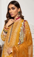 Digital Printed Lawn Front Digital Printed Back & Sleeves Embroidered Neckline Patch Embroidered Front Border Digital Printed Chiffon Dupatta Dyed Cambric Lawn Trouser