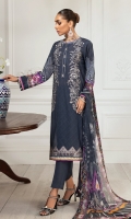 Digital Printed Lawn Front Digital Printed Back & Sleeves Embroidered Front Patches (2) Embroidered Front Border Digital Printed Chiffon Dupatta Dyed Cambric Lawn Trouser