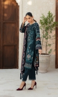 Embroidered Linen Front Digital Printed Back & Sleeves Embroidered Front Border Digital Printed Cotton Net Shawl Dyed Linen Trouser