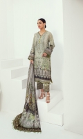 PRINTED LAWN FRONT PRINTED BACK & SLEEVES PRINTED CHIFFON DUPATTA EMBROIDERED NECKLINE PATCH EMBROIDERED TROUSER PATCH DYED CAMBRIC LAWN TROUSER