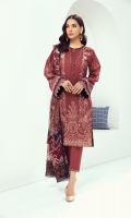 EMBROIDERED LAWN FRONT  PRINTED BACK & SLEEVES  PRINTED CHIFFON DUPATTA  EMBROIDERED FRONT & BACK BORDER  DYED CAMBRIC LAWN TROUSER
