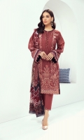 EMBROIDERED LAWN FRONT  PRINTED BACK & SLEEVES  PRINTED CHIFFON DUPATTA  EMBROIDERED FRONT & BACK BORDER  DYED CAMBRIC LAWN TROUSER