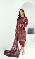 EMBROIDERED LAWN FRONT  PRINTED BACK & SLEEVES  PRINTED CHIFFON DUPATTA  EMBROIDERED FRONT & BACK BORDER  DYED CAMBRIC LAWN TROUSER