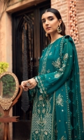 Embroidered Chiffon Front Panel Embroidered Chiffon Side Panels (02) Plain Chiffon Back Embroidered Chiffon Sleeves Embroidered Chiffon Dupatta Embroidered Chiffon Front & Back Border Embroidered Chiffon Sleeves Border Dyed Silk Trouser