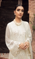 Embroidered Chiffon Front Panel Embroidered Chiffon Side Panels (02) Plain Chiffon Back Embroidered Chiffon Sleeves Embroidered Chiffon Dupatta Embroidered Chiffon Front & Back Border Embroidered Chiffon Sleeves Border Dyed Silk Trouser