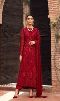 Embroidered Chiffon Front Embroidered Chiffon Back Embroidered Chiffon Sleeves Embroidered Chiffon Dupatta Embroidered Chiffon Front & Back Border Embroidered Chiffon Sleeves Border Dyed Silk Trouser