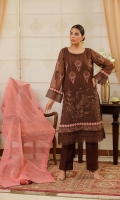 Chiffon Embroidered Shirt comes along with organza block print Dupatta & Pakistani Raw Silk Shalwar Color: BROWN Embroidered Chiffon Front: 1 Yard (Shirt Length with Border 42”+) Embroidered Chiffon Sleeves: 0.60 Yards Dyed Chiffon Back: 1 Yard Organza block print Dupatta: 2.75 Yards Dyed Pakistani Raw silk Bottom Fabric: 2.5 Yards Inner Fabric Included