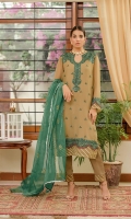 Chiffon Embroidered Shirt comes along with organza block print Dupatta & Pakistani Raw Silk Shalwar Color: MUDDY GREEN Embroidered Chiffon Front: 1 Yard (Shirt Length with Border 42”+) Embroidered Chiffon Sleeves: 0.60 Yards Dyed Chiffon Back: 1 Yard Organza block print Dupatta: 2.75 Yards Dyed Pakistani Raw silk Bottom Fabric: 2.5 Yards Inner Fabric Included