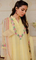 Chiffon Embroidered Shirt comes along with chiffon block print Dupatta & Pakistani Raw Silk Shalwar Color: Yellow Embroidered Chiffon Front: 1 Yard (Shirt Length with Border 42”+) Embroidered Chiffon Sleeves: 0.60 Yards Dyed Chiffon Back: 1 Yard block print Chiffon Dupatta: 2.75 Yards Dyed Pakistani Raw silk Bottom Fabric: 2.5 Yards Inner Fabric Included