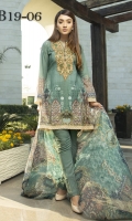 Digital Printed Shirt  Embroidered Organza Neckline Dyed Trouser Digital Printed Chiffon Dupatta