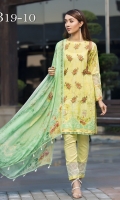 Digital Printed Shirt  Embroidered Organza Neckline Dyed Trouser Digital Printed Chiffon Dupatta