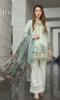 Digital Printed Shirt  Embroidered Organza Neckline Dyed Trouser Digital Printed Chiffon Dupatta