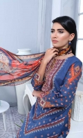 Lawn Embroidered Shirt Front1.30 yards Digital Print Shirt Back and Sleeves2.00 yards Digital Print Bamber Chiffon Dupatta2.65 yards Dyed Cambric Trouser2.65 yards Shirt Front Embroidered Border on Tissue 3001 piece