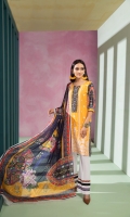 Front dyed shirt 1 yard  Digital printed back and sleeves 2mtr  Cambric trouser 2.5 mtr  Silk dupatta  2.5 mtr   ADD ON: Schiffli embroidery on shirt – Embroidered lace: 1pc