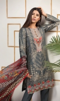 Brosha jacquard shirt 3.25 mtr  Cambric trouser 2.5 mtr  Digital printed chiffon dupatta 2.5 mtr  ADD ON: Embroidered neckline: 1pc- Embroidered border: 1pc – Motif for trouser: 2pc