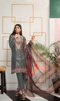 Brosha jacquard shirt 3.25 mtr  Cambric trouser 2.5 mtr  Digital printed chiffon dupatta 2.5 mtr  ADD ON: Embroidered neckline: 1pc- Embroidered border: 1pc – Motif for trouser: 2pc