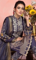 Front back brosha jacquard shirt  2mtr  Dyed sleeves 0.75 mtr  Cambric trouser 2.5mtr  Yard dyed fancy zari dupatta  2.5mtr  ADD ON: Embroidery on sleeves – Embroidered neckline patch: 1pc -Embroidered border: 1pc