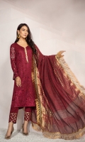 Self jacquard lawn shirt 3.25 mtr  Cambric trouser 2.5 mtr  Fancy zari dupatta 2.5 mtr  ADD ON:  Embroidery on shirt and sleeves – Hem border: 1pc