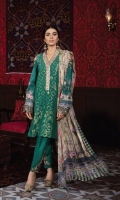 Engineered Jacquard Dyed: 1.25 mtr Digital Printed Back&Sleeves: 2 mtr Trouser : 2.5 mtr Chiffon Dupatta: 2.5 mtr   Add On  Embroidered Lace: 1mtr Hem Border: 1mtr Trouser Patch: 2.5 mtr