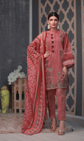 Dyed Front: 1.25 m Digital Printed Back and Sleeves: 2.00 m Trouser: 2.50 m Digital Shawl: 2.5o m  Add on: Embroidery on Shirt Embroidered Lace: 1 Yard