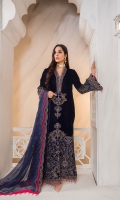 Embroidered Velvet Front Plain Velvet Back Embroidered Velvet Sleeves Embroidered Chiffon Dupatta Embroidered Velvet Border For Front Embroidered Velvet Border For Back Embroidered Velvet Border For Sleeves Embroidered Organza Border For Trouser Dyed Trouser